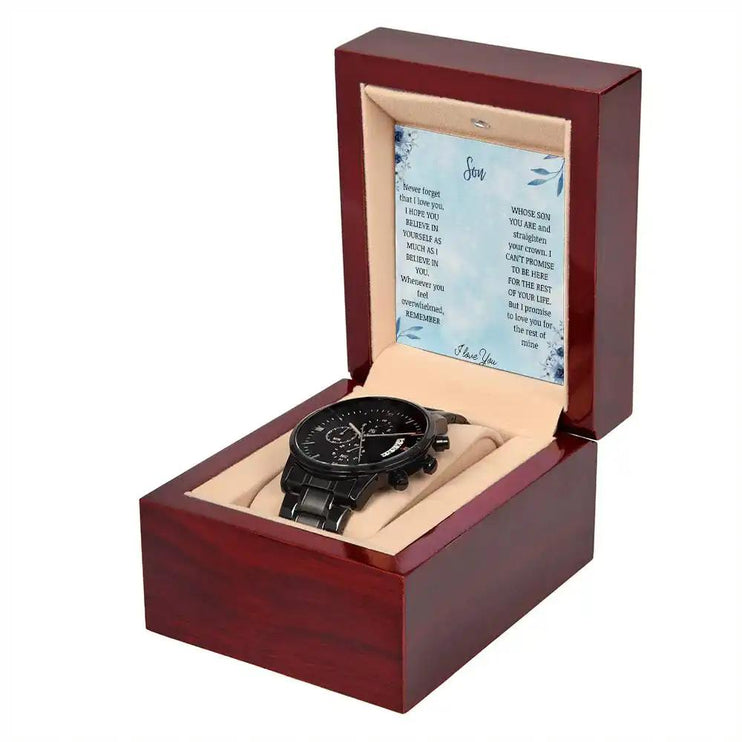 Men's Chronograph Watch in a mahogany box angled to right with to son card inside