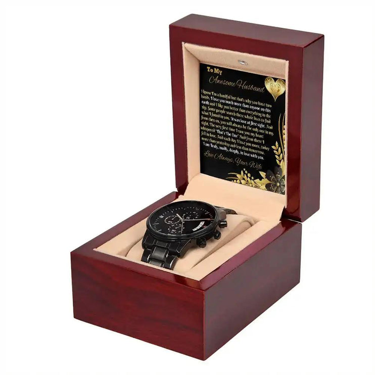 chronograph watch in mahogany box angled right