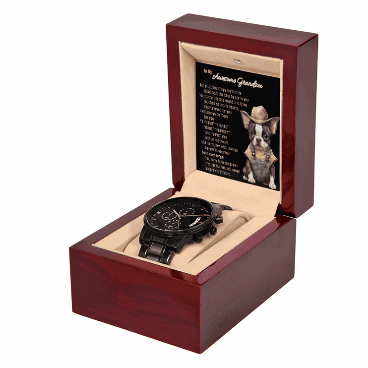 chronograph watch in mahogany box with greeting card angled to the right