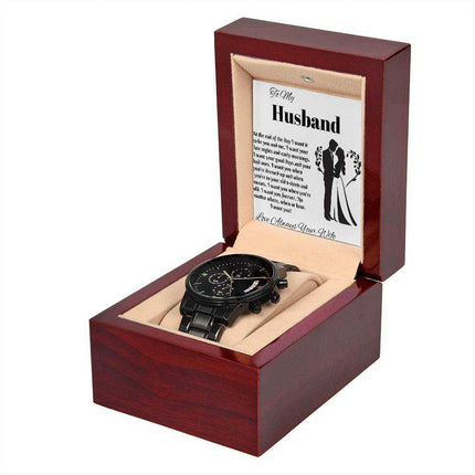 chronograph watch in a mahogany box angled to the right