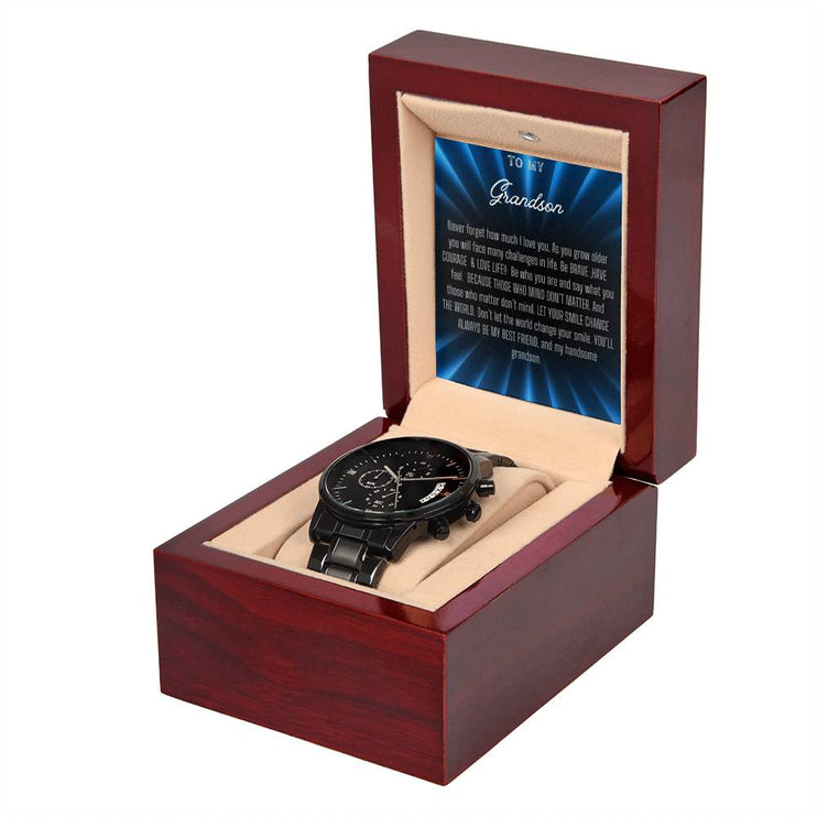 Men's Chronograph Watch with black band in mahogany box angle 3