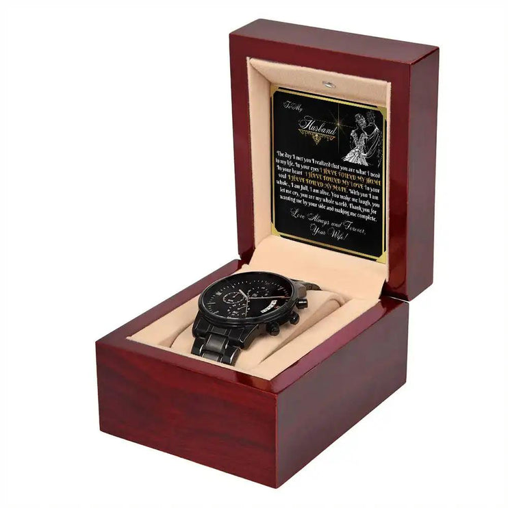 chronograph watch in mahogany box angled right