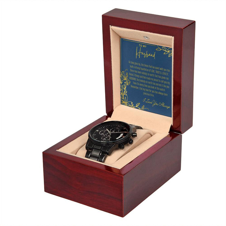 men's chronograph watch in mahogany box with LED light and greeting card for husband angle 3