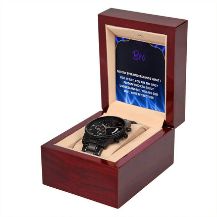 a men's chronograph watch in mahogany box with a removable to my brother message card