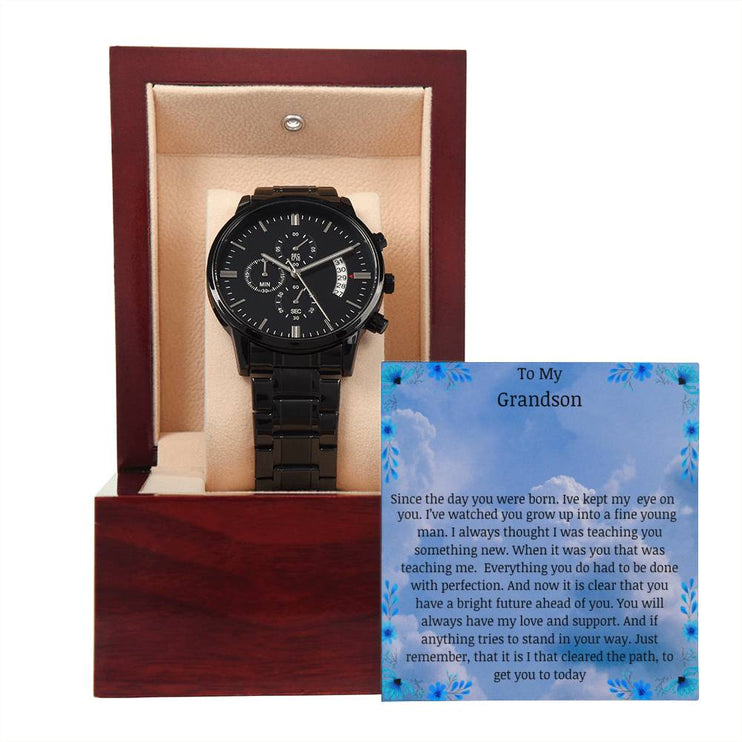 Men's Chronograph Watch with a 3-dial face in a mahogany box with a LED light angle 4