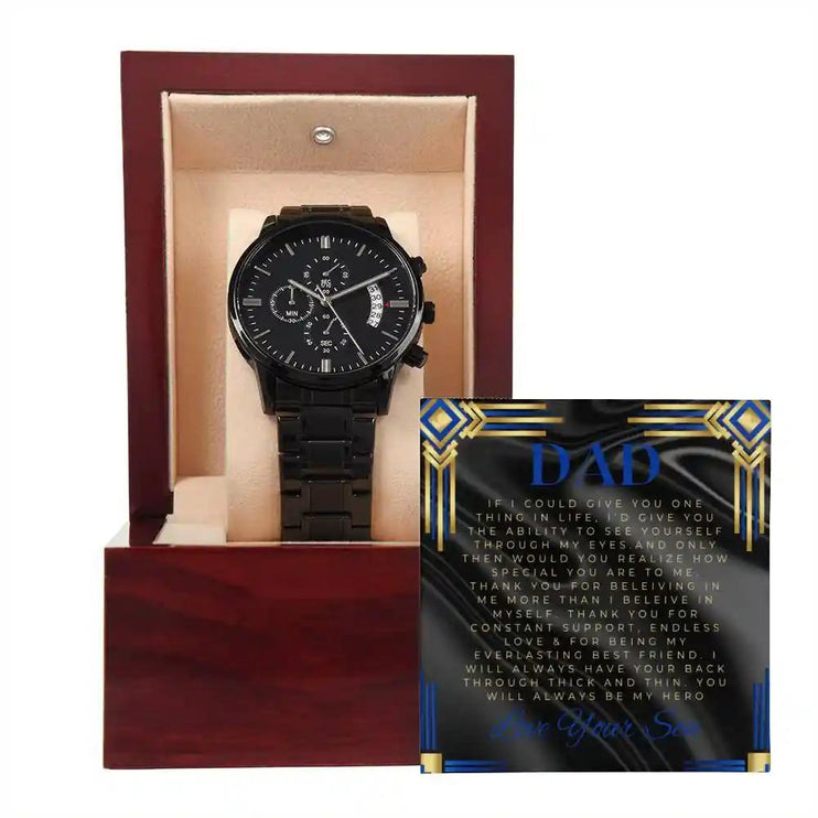 A Men's Chronograph Watch in a mahogany box with a greeting card to dad outside of the box 