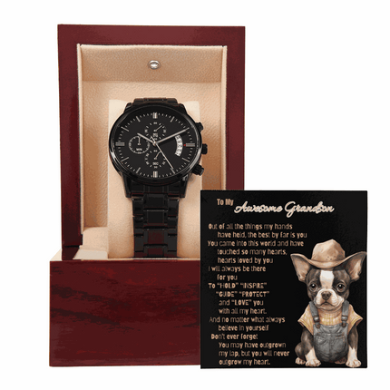 chronograph watch in mahogany box with greeting card outside of box