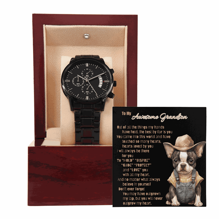 chronograph watch in mahogany box with greeting card outside of box