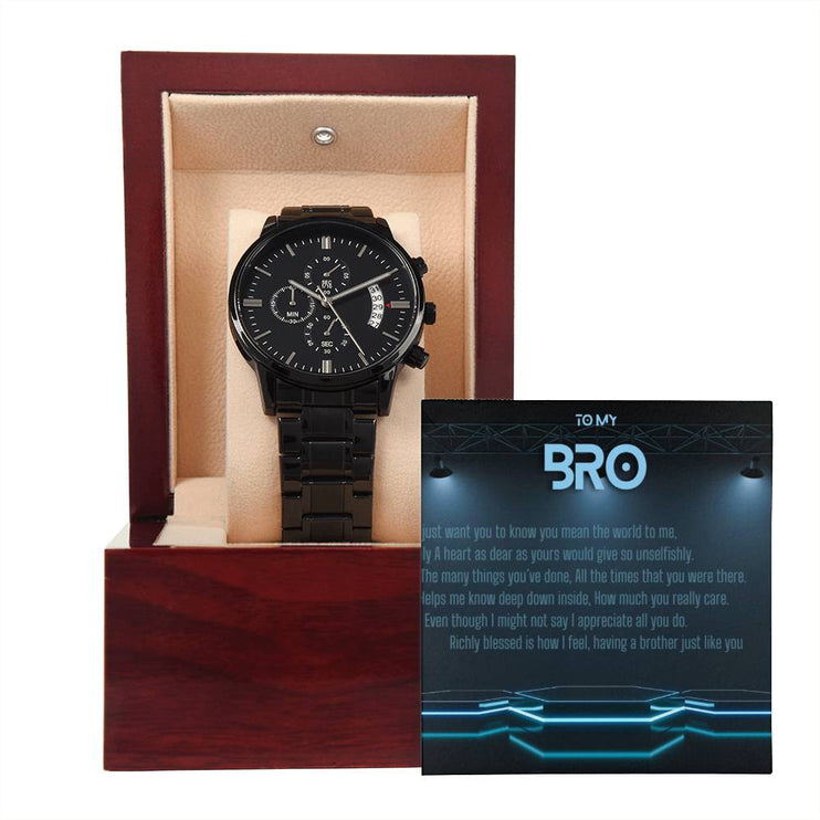 Men's Chronograph Watch with 3 dial face copper dial in a mahogany box with a LED light angle 4