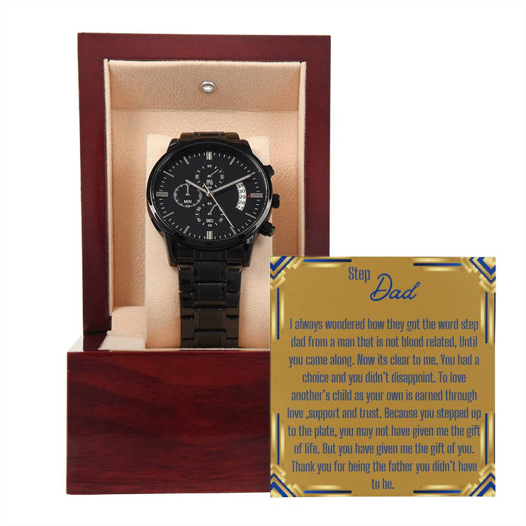 a men's chronograph watch in a mahogany box with to stepdad card out of the box