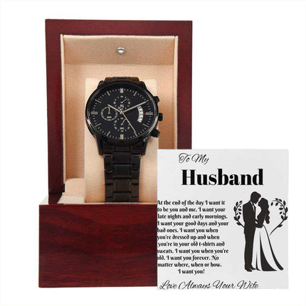 chronograph watch in a mahogany box with greeting card outside of box