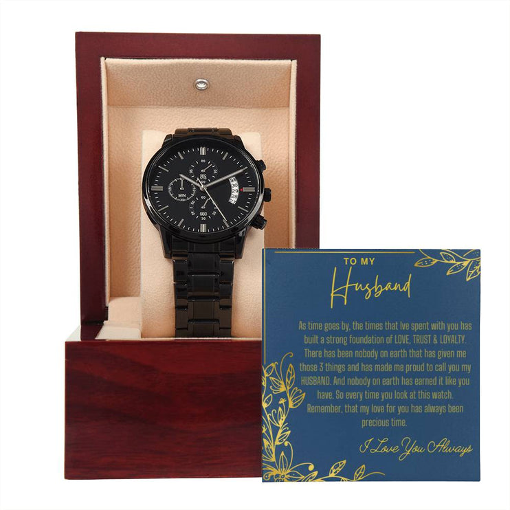 men's chronograph watch in mahogany box with LED light and greeting card for husband angle 4 