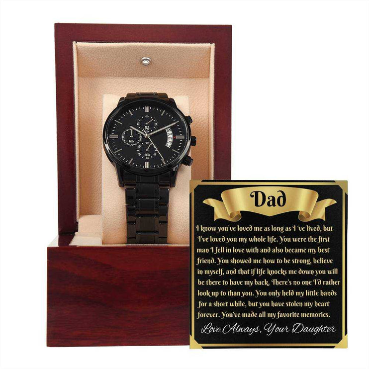 chronograph watch in luxury box with card outside of box close up