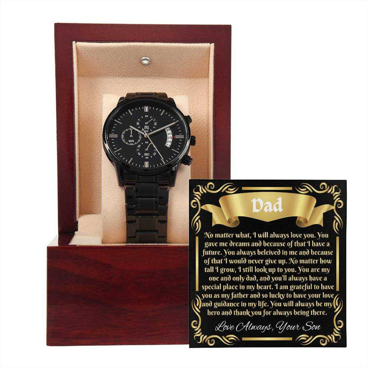 chronograph watch in luxury box with greeting card outside of box