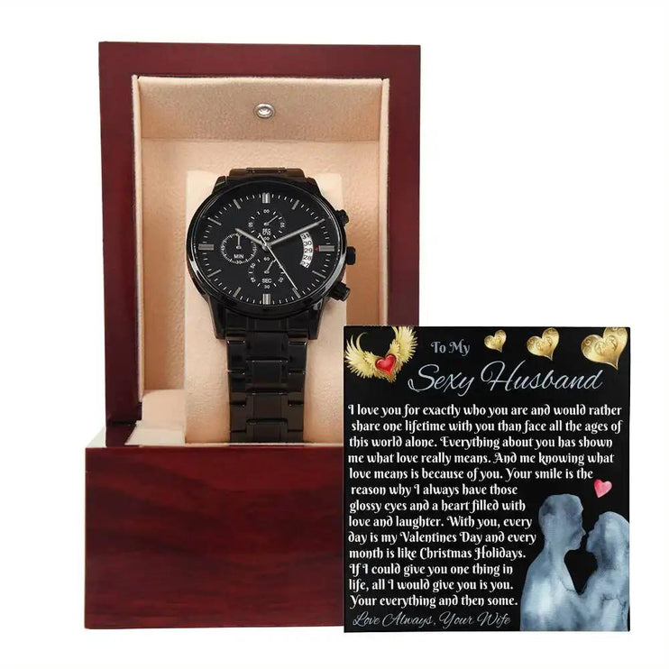 chronograph watch in mahogany box with message card out