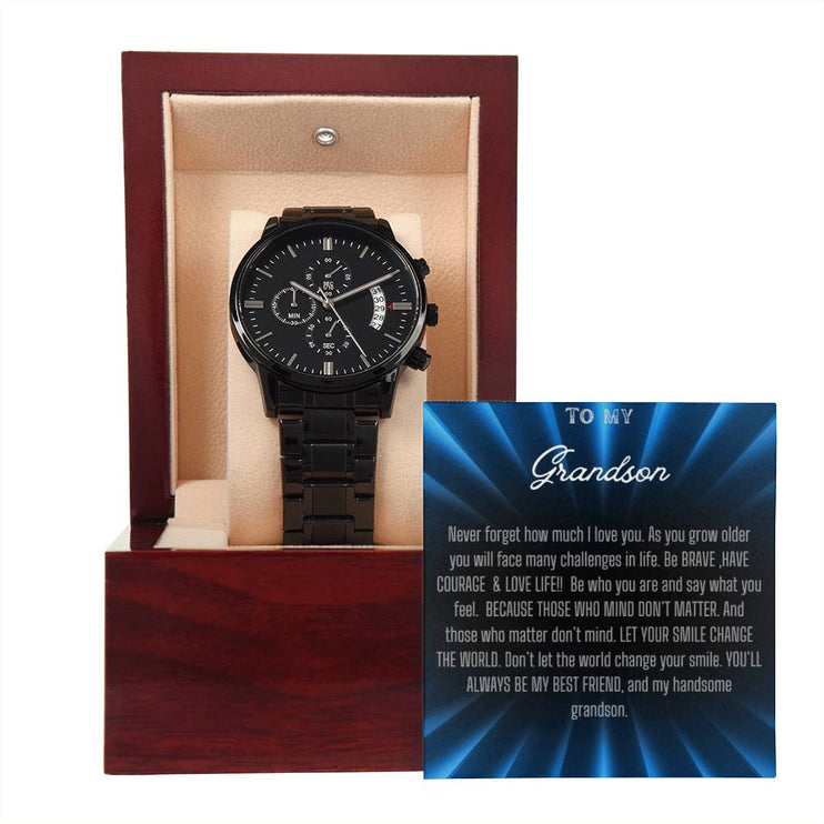 Men's Chronograph Watch with black band in mahogany box angle 4
