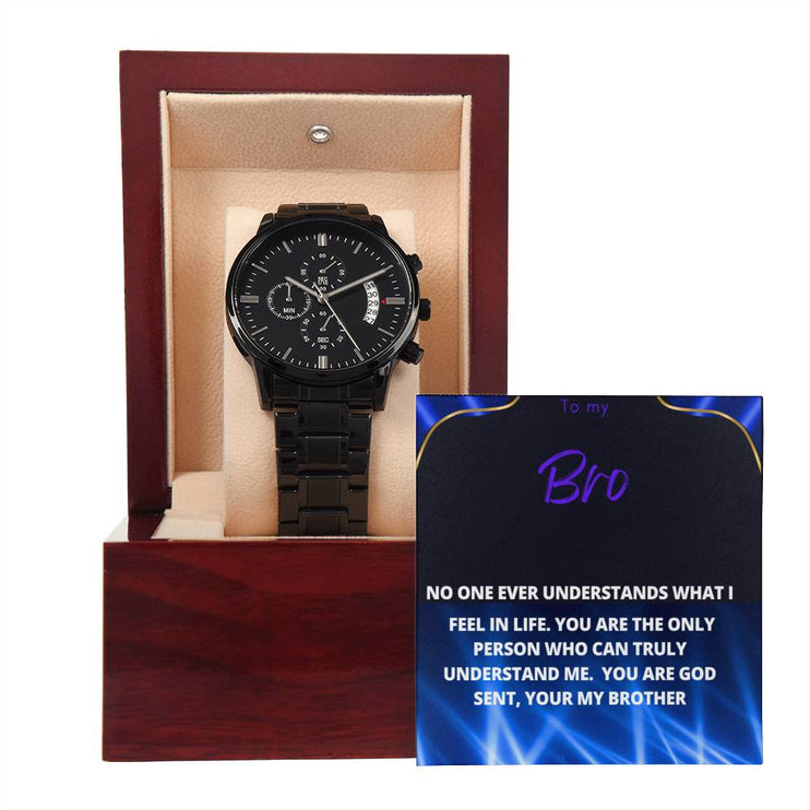 a men's chronograph watch with a removable to bro message card and mahogany box with light