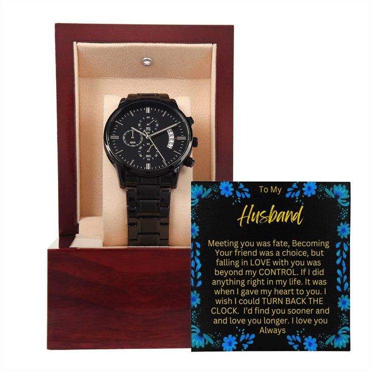 Men's Chronograph Watch with a 3 dial face and in a mahogany box with a LED light angle 4