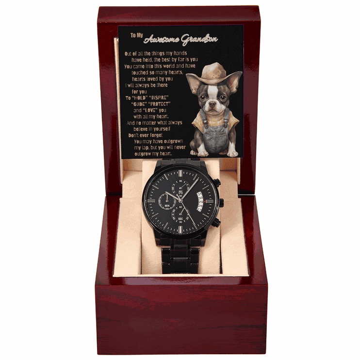 chronograph watch in mahogany box with greeting card front facing