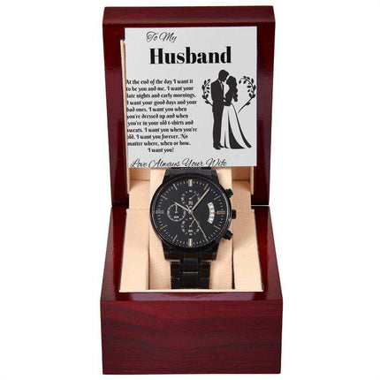chronograph watch in a mahogany box with greeting card