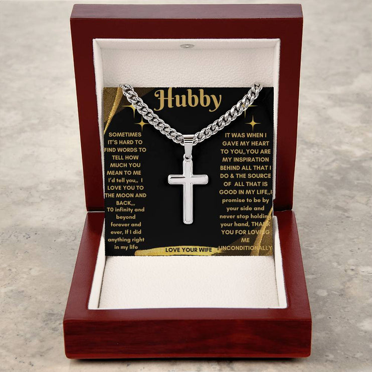 Artisan Cross Personalized Cuban Chain Necklace with polished stainless-steel charm and mahogany box with LED light