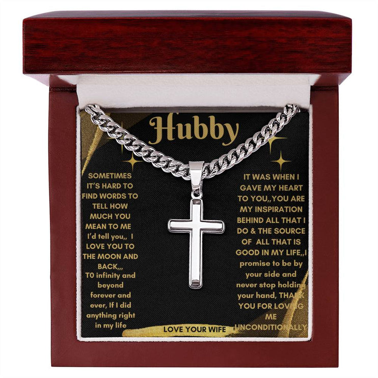 Artisan Cross Personalized Cuban Chain Necklace with polished stainless-steel charm and mahogany box and LED light