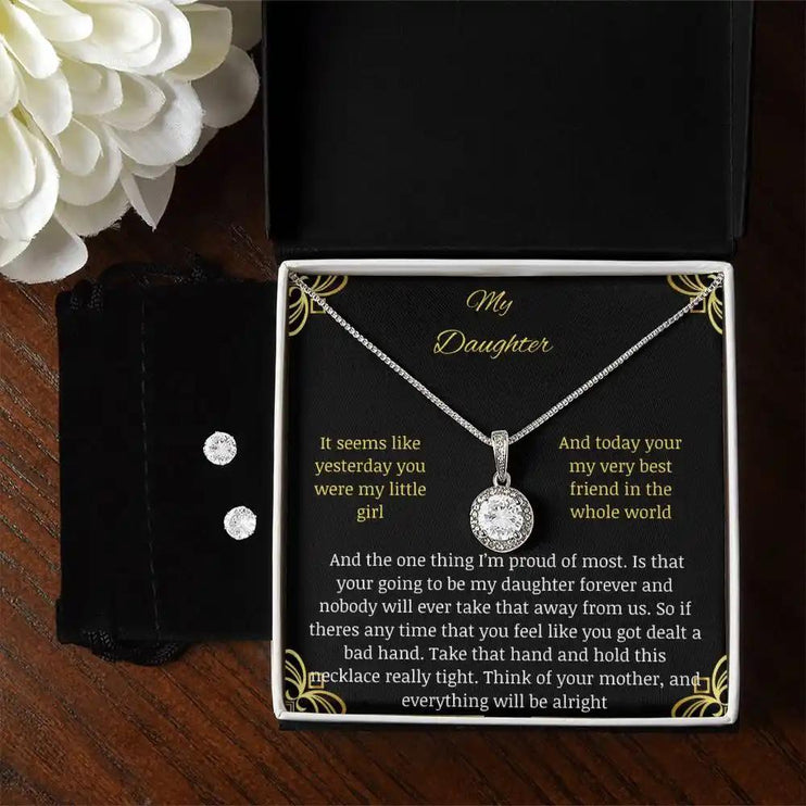 A eternal hope necklace earring set in a two-tone box up close