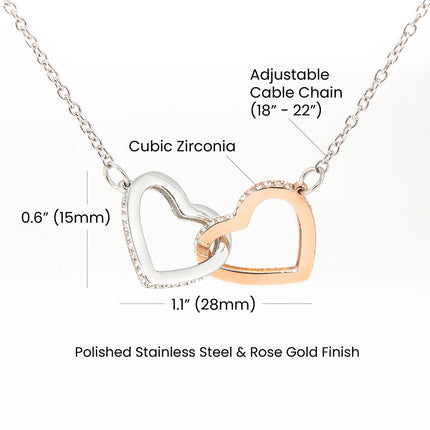 Interlocking Hearts Necklace with rose gold variant picture on a product detail chart
