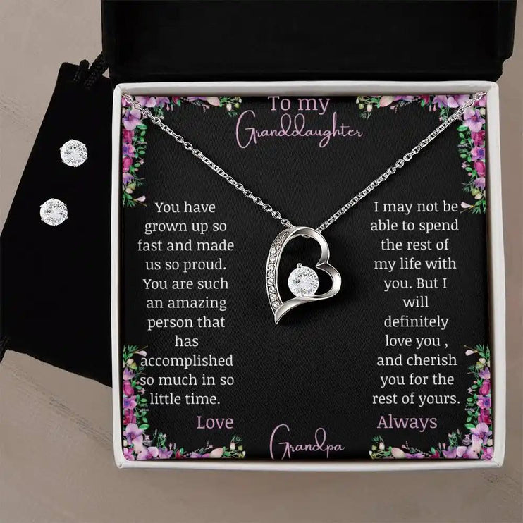 Forever Love Necklace Cubic Zirconia Earring Set with a white gold charm and a to granddaughter from grandma greeting card