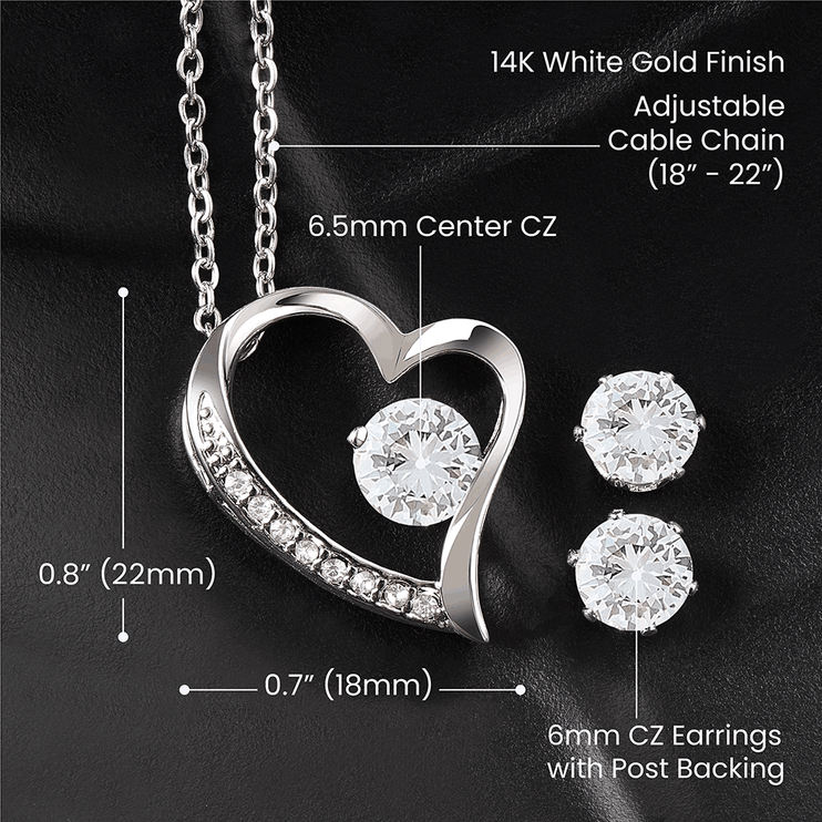 white gold forever love necklace earring set showing product details 