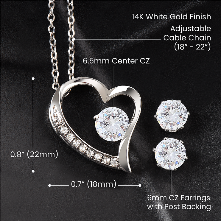 Forever Love Necklace Cubic Zirconia Earring Set on a specification backing
