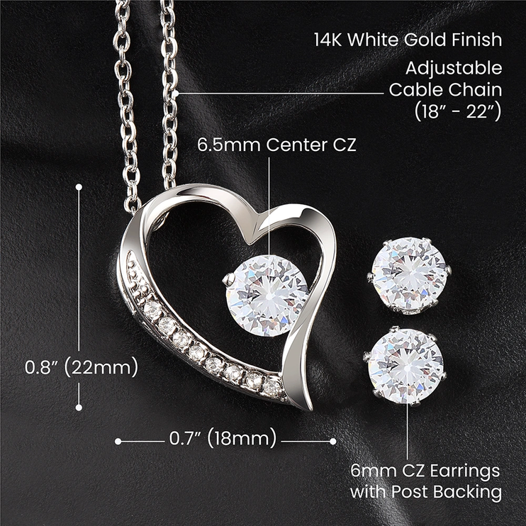 Forever Love Necklace Cubic Zirconia Earring Set with a white gold charm on a product detail background