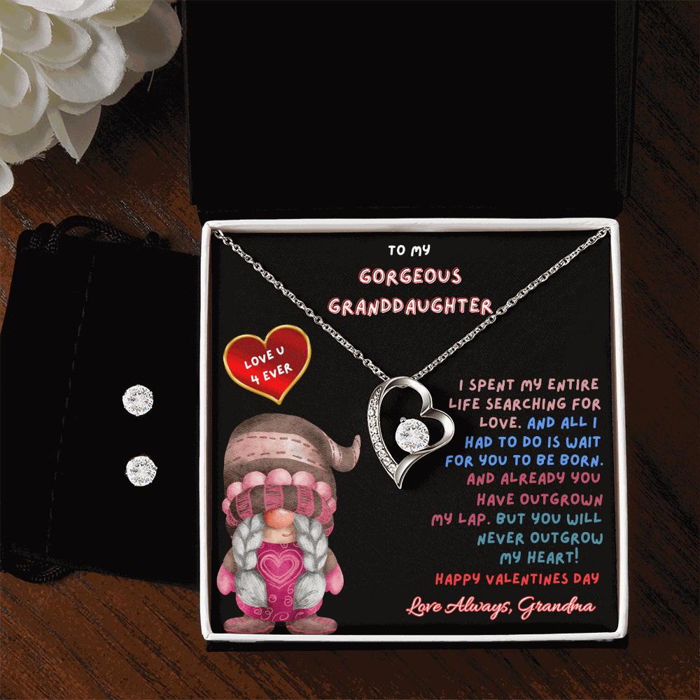 forever love necklace earring set in a soft box with flowers on left side