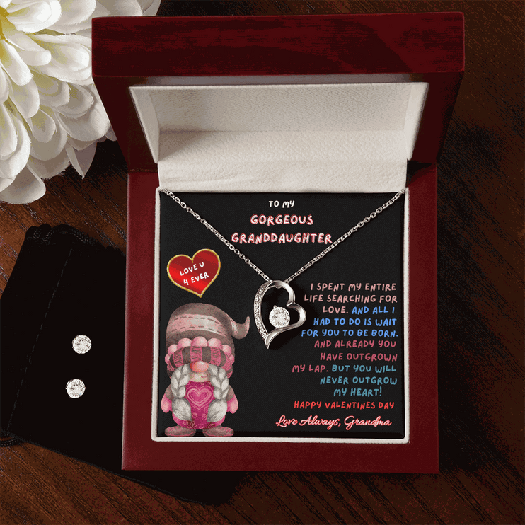 forever love necklace earring set in a luxury box with flowers