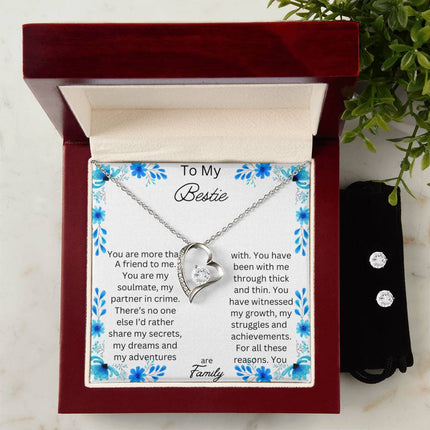 Forever Love Necklace Cubic Zirconia Earring Set with white gold pendant in a mahogany box