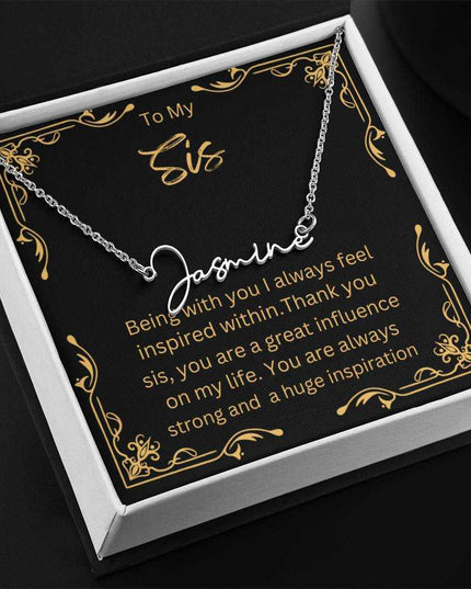 Signature Style Name Necklace with polished stainless-steel charm in two-tone box