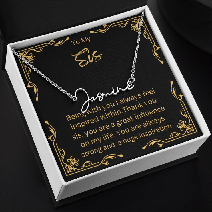 Signature Style Name Necklace with polished stainless-steel charm in two-tone box