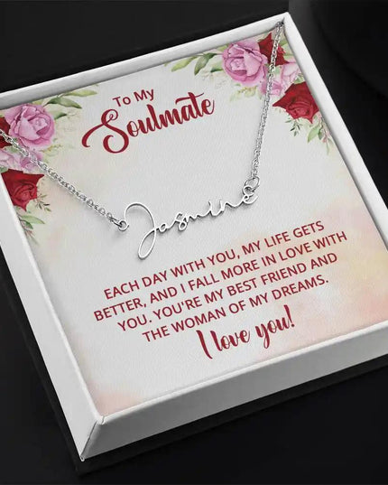 Signature Style Name Necklace in polished stainless steel in a two-tone box angle 2