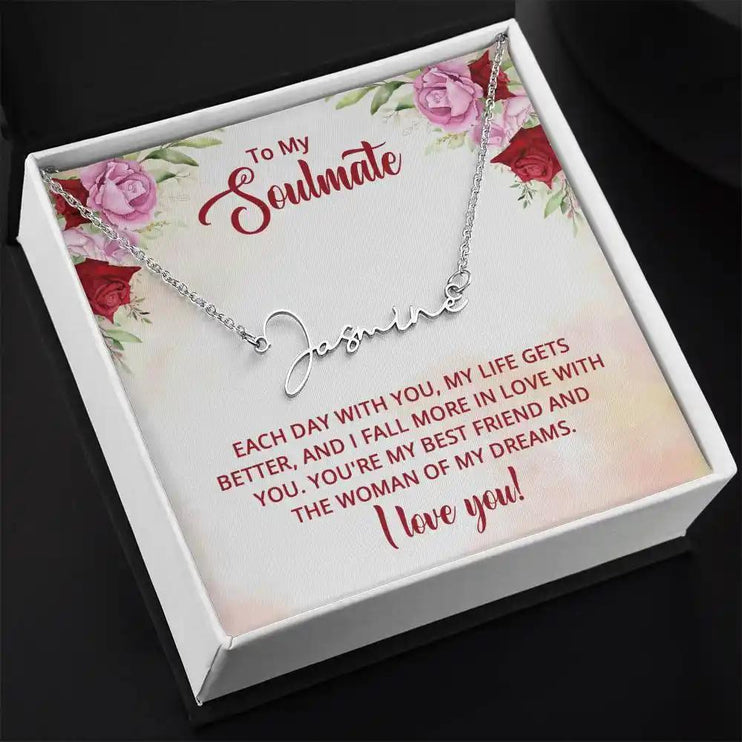 Signature Style Name Necklace in polished stainless steel in a two-tone box angle 2