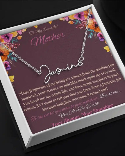 polished steel signature style name necklace in soft box angled left