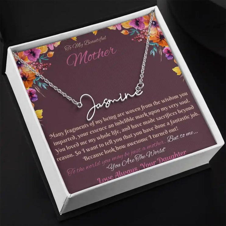 polished steel signature style name necklace in soft box angled left