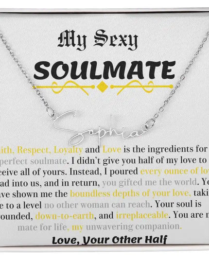 a polished stainless-steel signature name necklace in a two-tone box.