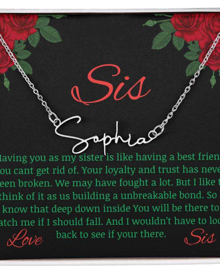 Signature Style Name Necklace with a polished stainless-steel variant on a To Sis from Sis greeting card up close.
