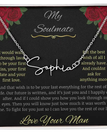 Signature Style Name Necklace with a polished stainless-steel charm in a two-tone box Pic 1