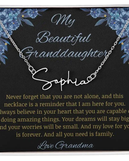Signature Name Necklace with a polished stainless-steel finish on a to my beautiful granddaughter from grandma greeting card 