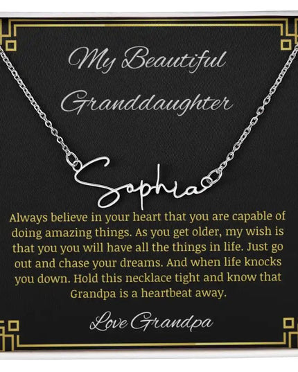 Signature Name Necklace with a polished stainless-steel finish on a to granddaughter from grandpa greeting card