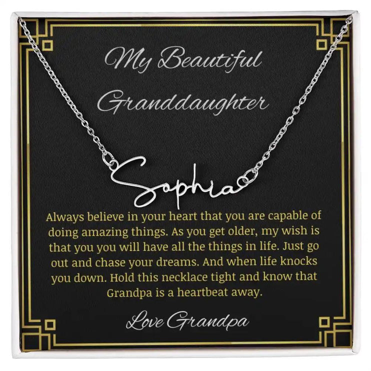 Signature Name Necklace with a polished stainless-steel finish on a to granddaughter from grandpa greeting card