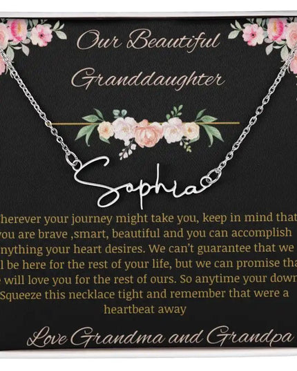Signature Name Necklace with a polished stainless-steel finish and a to granddaughter from grandma and grandpa greeting card 