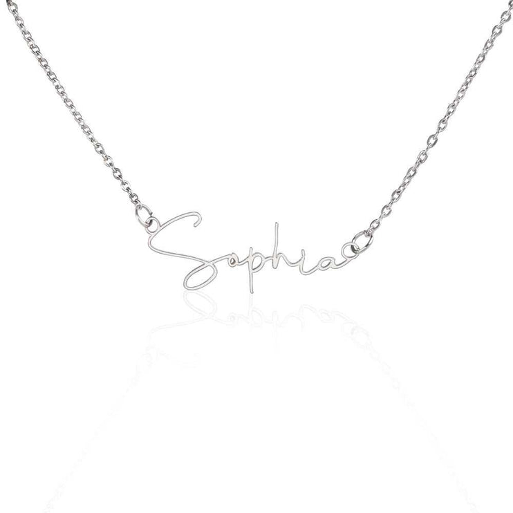stainless-steel signature name necklace white back drop