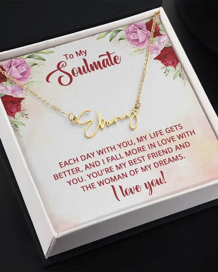 Signature Style Name Necklace in yellow gold finish in a two-tone box angle 2